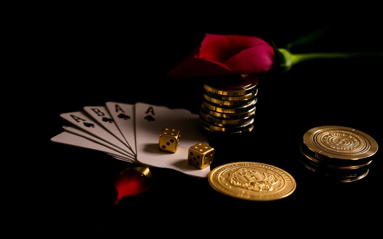 Playing cards, golden dice, gold coins and a red rose petal on black velvet